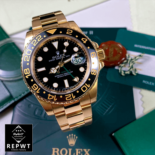 rolex_GMT_Master_II_116718LN_gold_watch_black_dial_oyster_replica_front_two-1