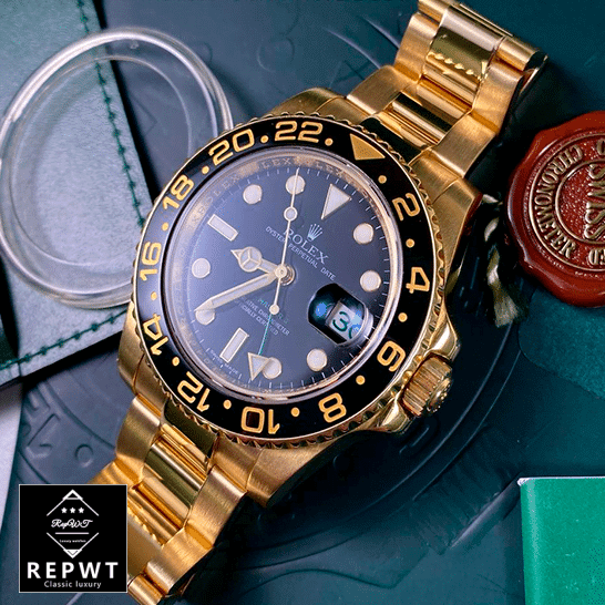 rolex_GMT_Master_II_116718LN_gold_watch_black_dial_oyster_replica_left_side-1