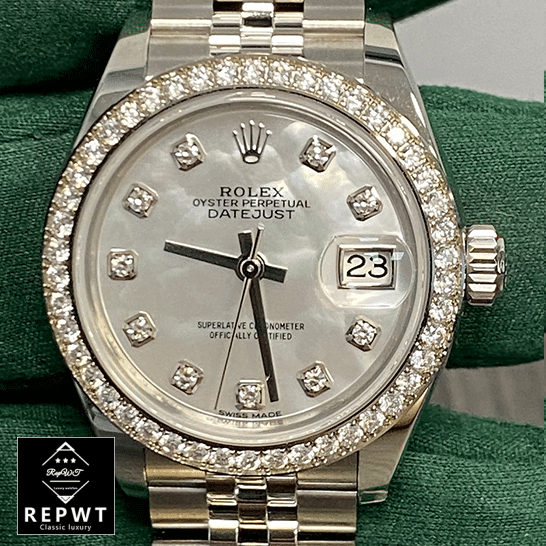 rolex_datejust_279384RBR_white_gold_automatic_silver_with_mother_pearl_diamond_dial_jubilee_replica_front-2